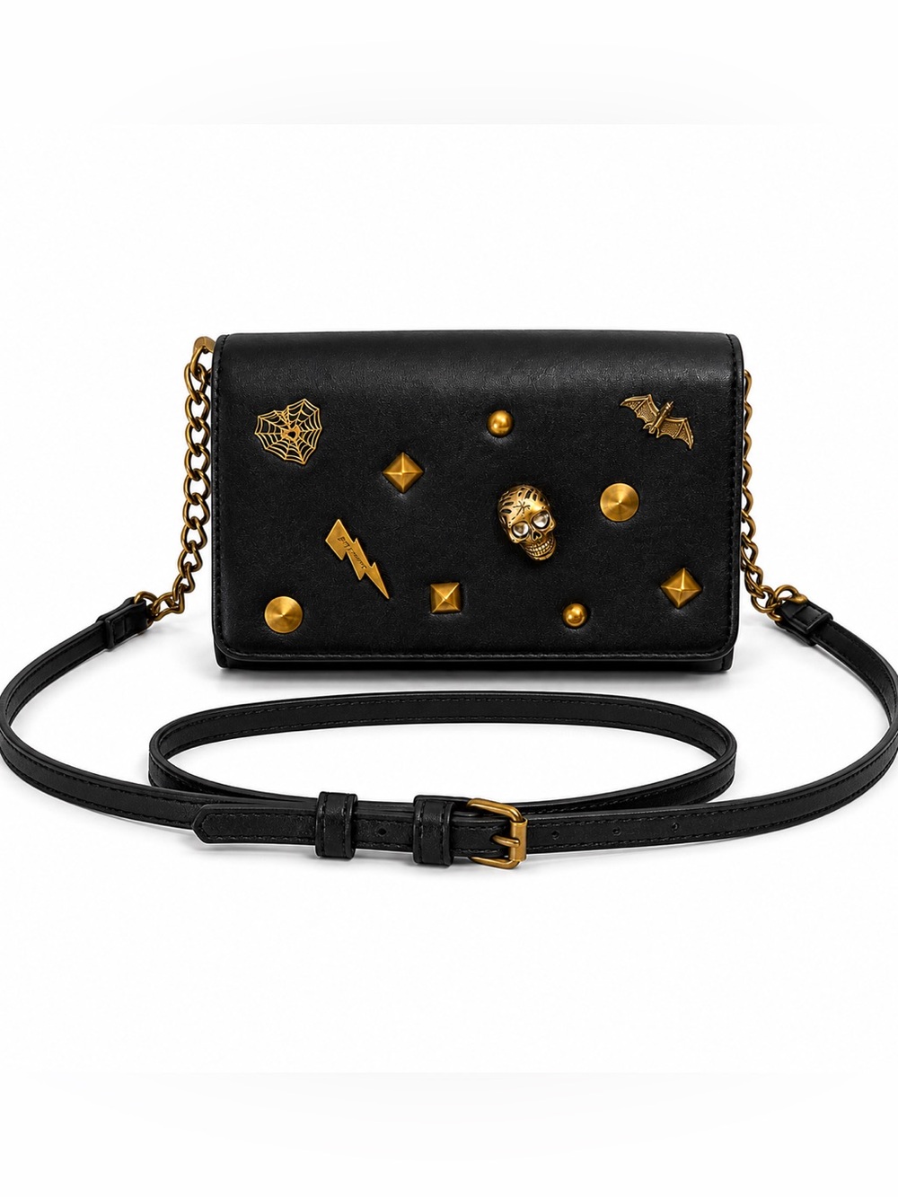 Betsey Johnson Goth Skull Studded Crossbody Bag Black Gold Vegan faux Leather